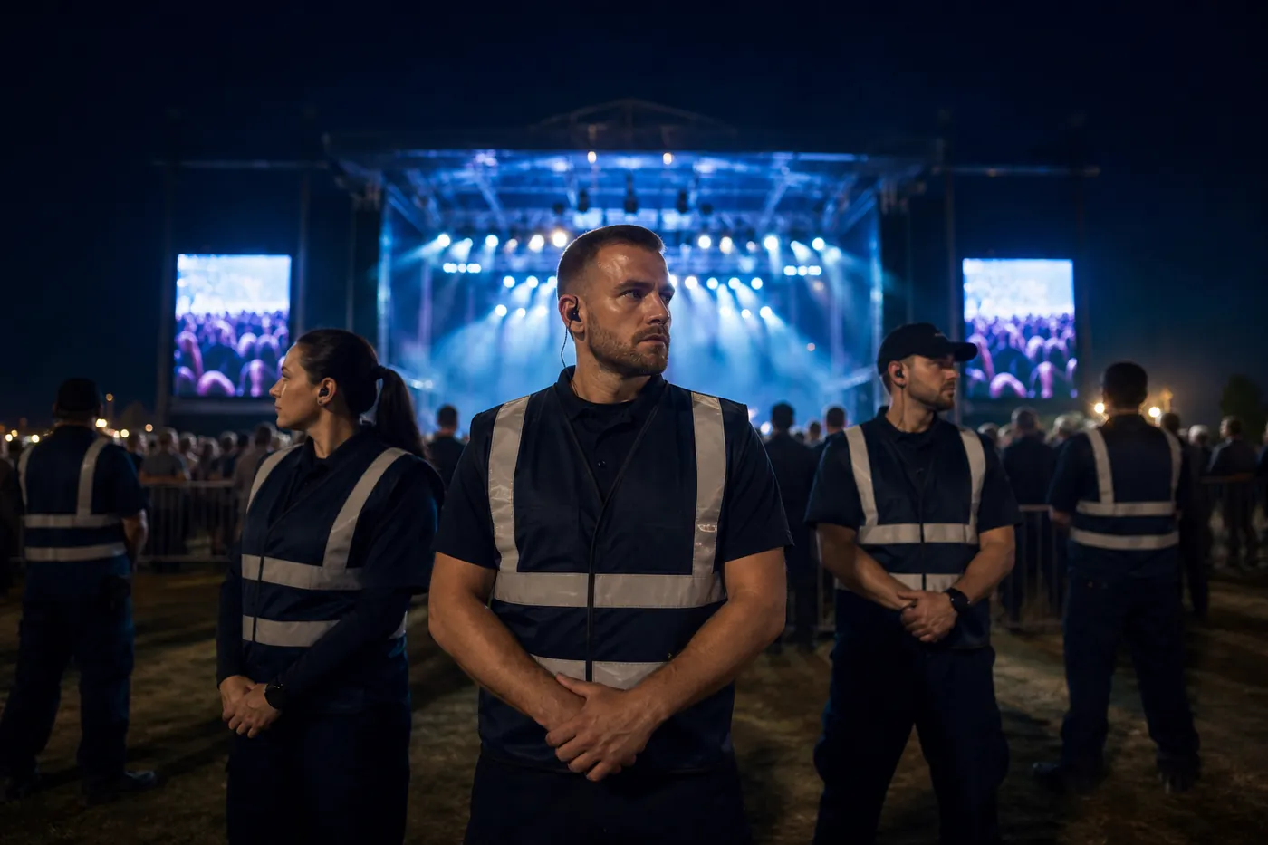 Equipo de seguridad profesional en evento nocturno